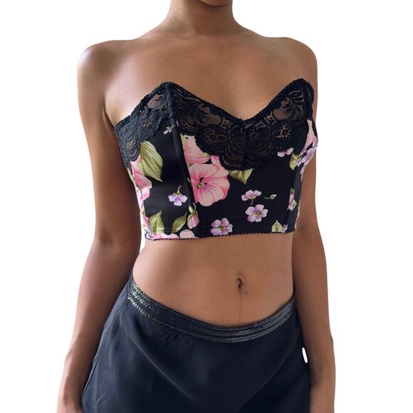 Vintage 90s Italian Black Floral Bustier Crop Top with Lace Trim (S, C cup) - Picture 4 of 12